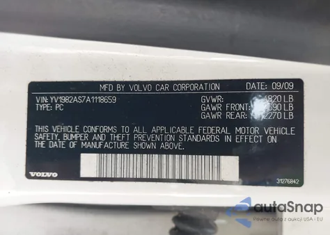 2010 Volvo S80 3.2 z USA, uszkodzony, nr VIN YV1982AS7A1118659